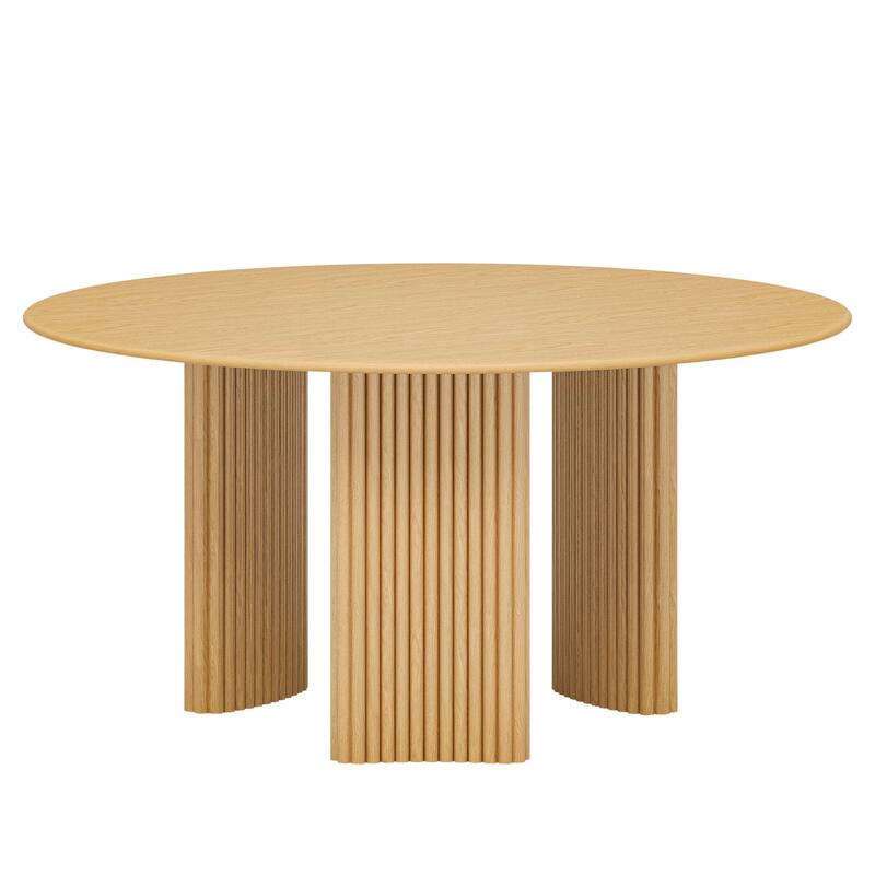 Modern Round Dining Table with Striped Column Legs Solid Wood Kitchen Table Anti-Scratch Footpads