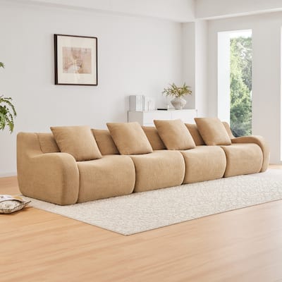 118" Teddy Fabric Boneless Couch, Upholstered 4-Seat Sofa with Curved Armrests, Modular Deep Seat Sofa, No Assembly Required