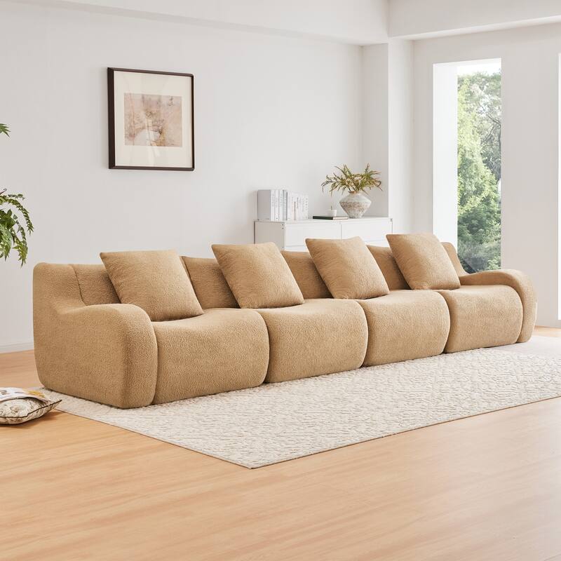 Anmytek Modern Plush 4-Seat Boneless Sofa - High-Quality Teddy Fabric, 32D High Density Sponge, No Assembly - Symmetrical - Camel