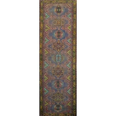 Hand Knotted Oriental 100% Wool Carpet Traditional Geometric Navy Blue & Blues Heriz Runner Rug - 14' 3'' X 3' 5''