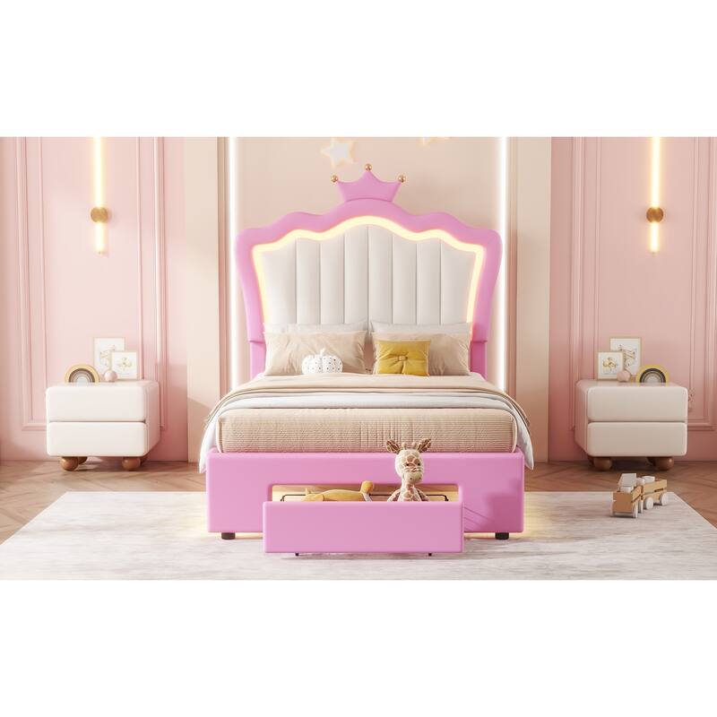 Twin Size Upholstered Bed Frame with LED Lights, Crown Headboard, and Drawer in Pink and White