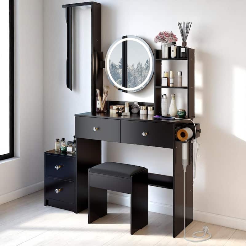 LED Makeup Vanity Desk with Power Station, Full-Length Mirror Cabinet, 3-Color Light, Charging Ports, Stool Set