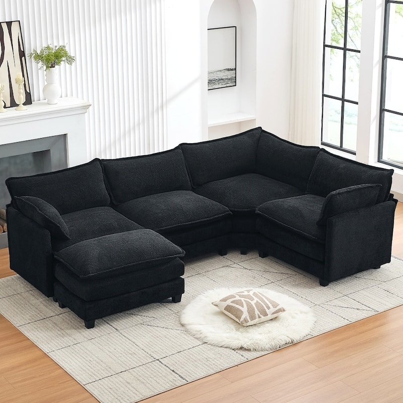 4-Seat Modular L-Shaped Corner Sectional Sofa with Ottoman, Soft Chenille Upholstery and Deep Seating for Living Room