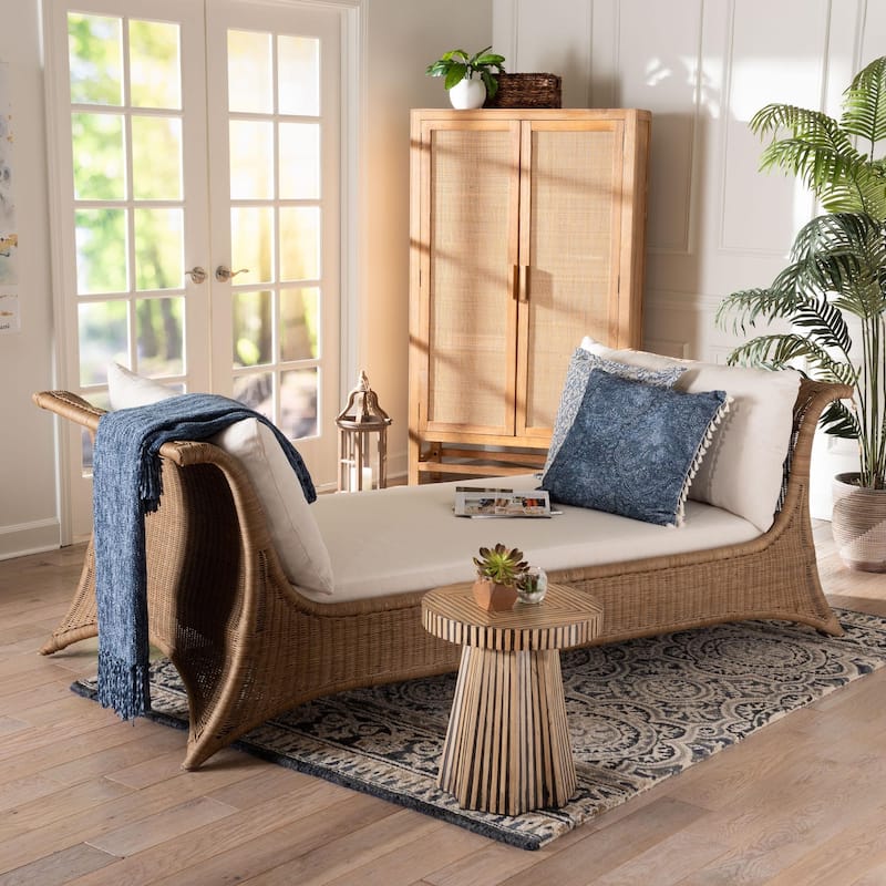 Kalisha Natural Rattan Daybed with Cushions - Coastal Boho Indoor Lounge Sofa Bench for Living Room, Sunroom, or Bedroom