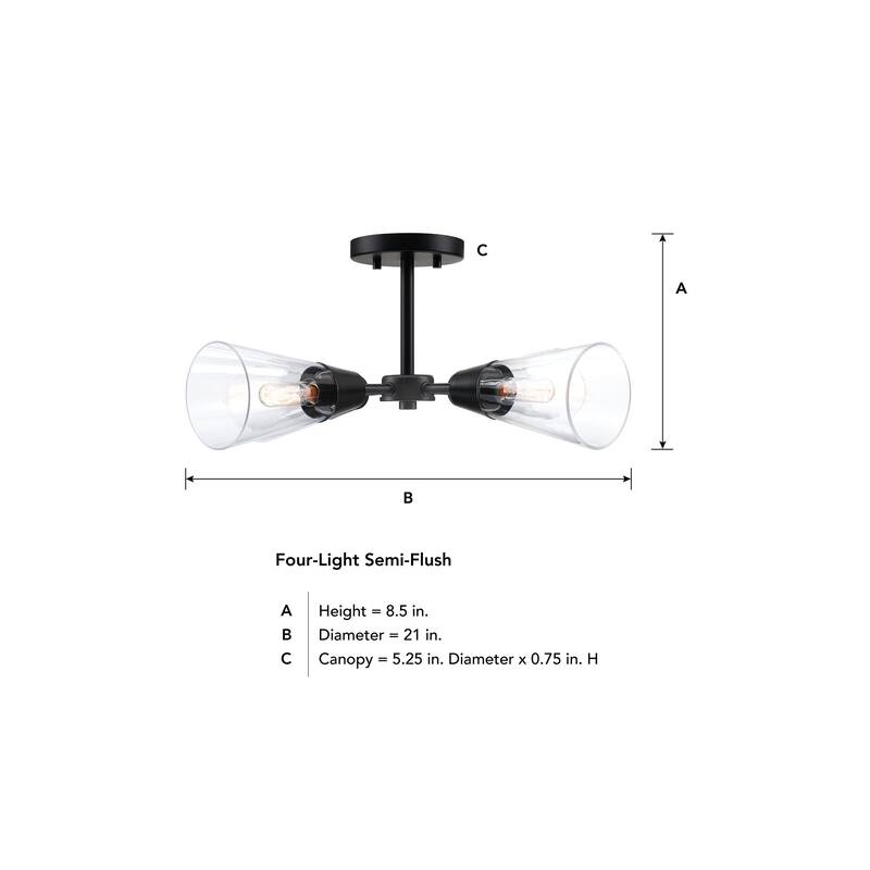 Norro 21 in. 4-Light Matte Black Modern Semi Flush Mount Light