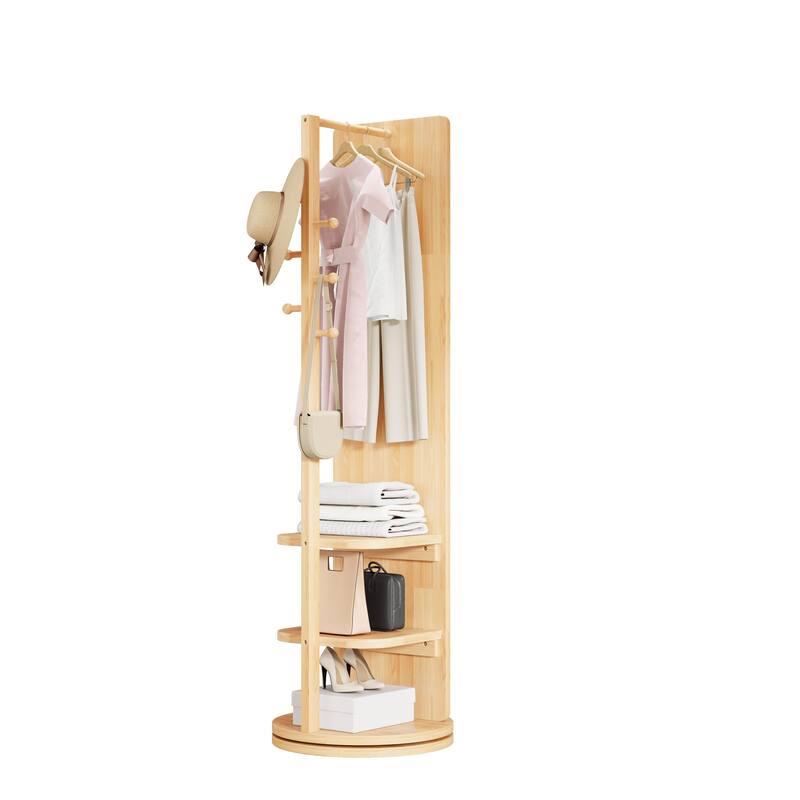 Anmytek Natural Solid Wood 360 Degree Swivel Full Length Mirror with Coat Rack and Storage Hooks 69x16 Inch - Natural Wood