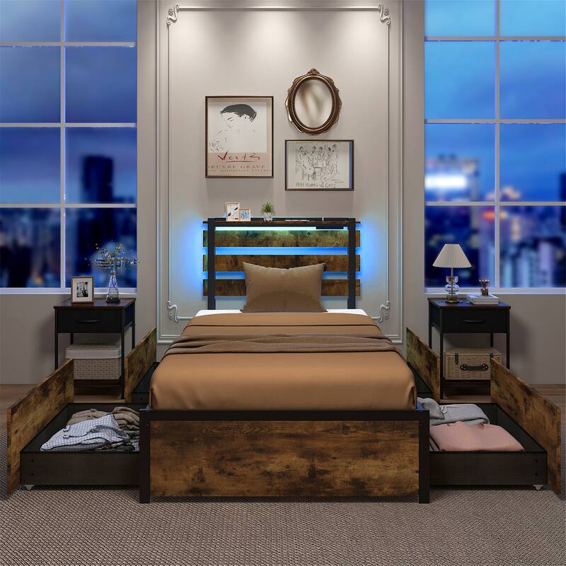 Gymax Twin Size Bed Frame w/ Drawers LED Lights Outlets & USB Ports