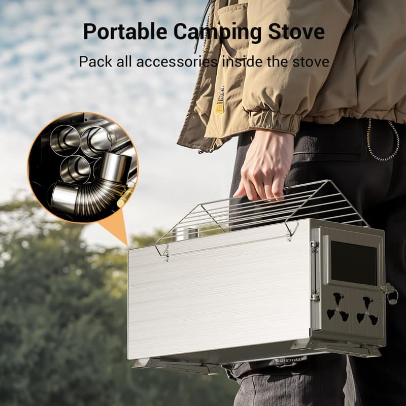 Hot Tent Stove, Portable Stainless Steel Wood Burning Stove, Camping