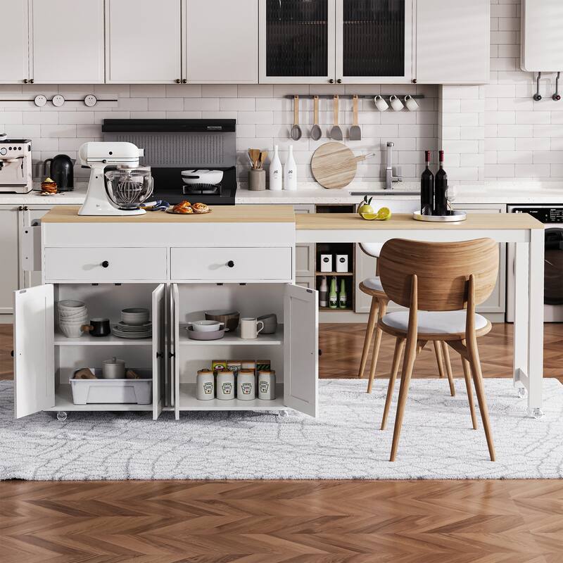 Kitchen Island with Extendable Dining Table,Rolling Kitchen Island on Wheels - N/A - Off White
