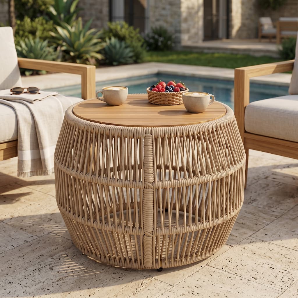 Christopher Knight Home - Sington Compact Barrel Design Side Table, Acacia Wood & Woven Rope Frame, No Assembly Required
