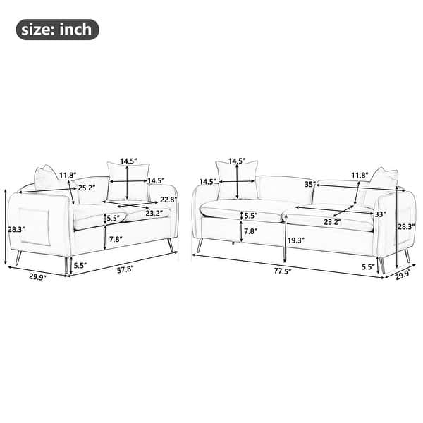 2 Piece Velvet Upholstered Sofa Sets, Loveseat and 3 Seat Couch Set