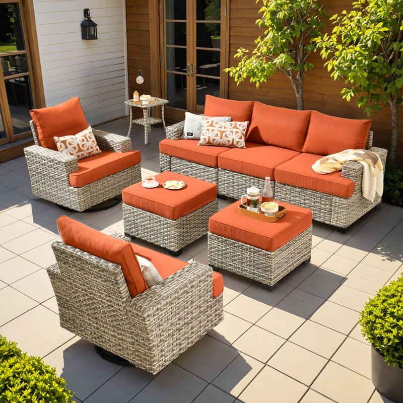 OVIOS 8-Piece T Shaped Seat Swivel Chair Patio Conversation Set - Orange/Red
