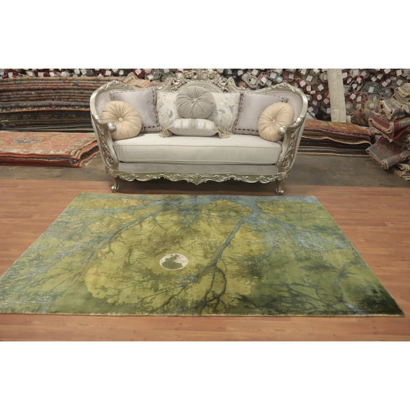 Hand-knotted Modern Silk Green Abstract Oriental Area Rug - 7' 8'' X 5' 5''