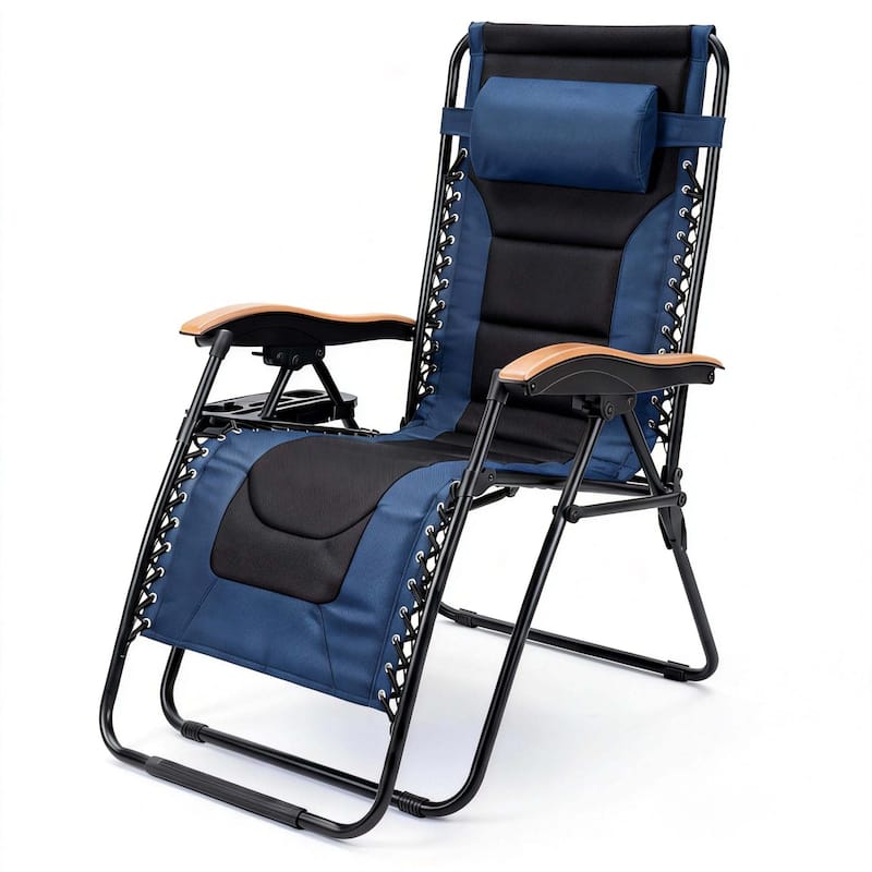 Oversized Padded Zero Gravity Chair,Foldable Patio Recliner,30"Wide Seat Anti Gravity Lounger with Cup Holder,Support 400 LBS - Black+Blue