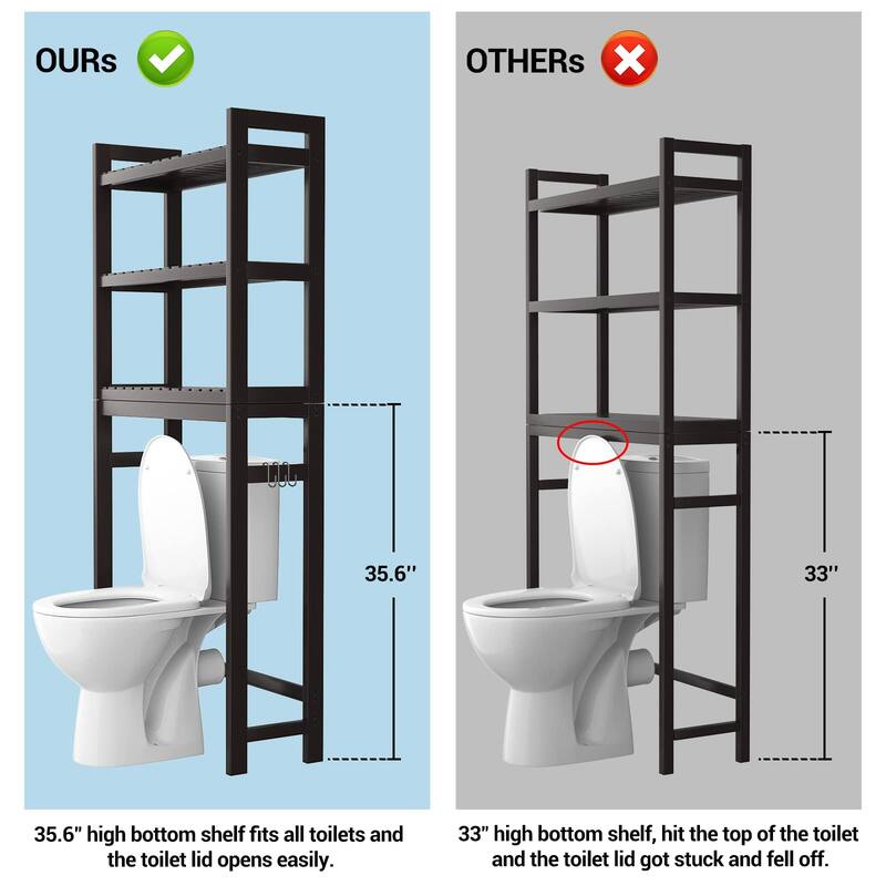 Over The Toilet Storage Shelf, Bamboo 3-Tier Above Toilet Storage Rack with 3 Hooks