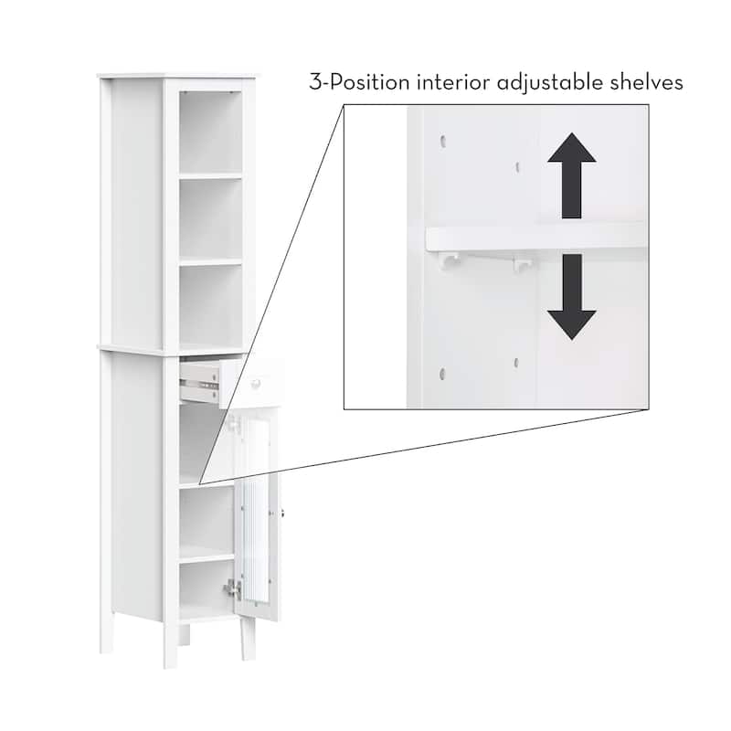 RiverRidge Prescott Tall Bathroom Storage Linen Cabinet and Organizer with Drawer, Glass Door, and Shelves - White