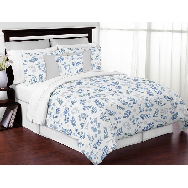 Floral Leaf Boy Girl 3pc Full Queen Comforter Set Blue Grey