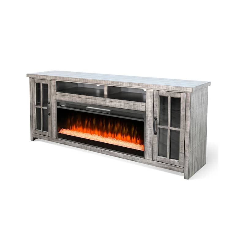 Gery TV Media Console w Crystal Fireplace, 76 Inch, 2 Cabinets, Gray