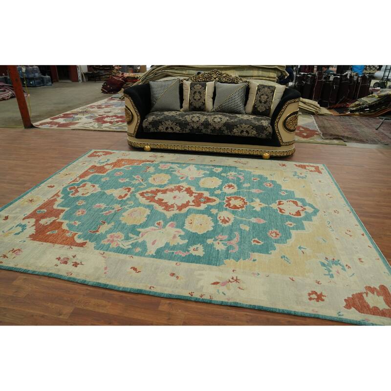 Vegetable Dye Wool Oushak Turkish Area Rug, Floral Geometric Carpet - 10' 11'' X 8' 5''