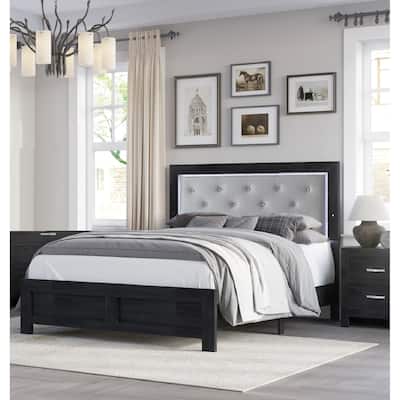 1pc Modern King Panel Bed with Headboard Lighting Black Finish Faux Leather Gray Upholstery Button Tufted