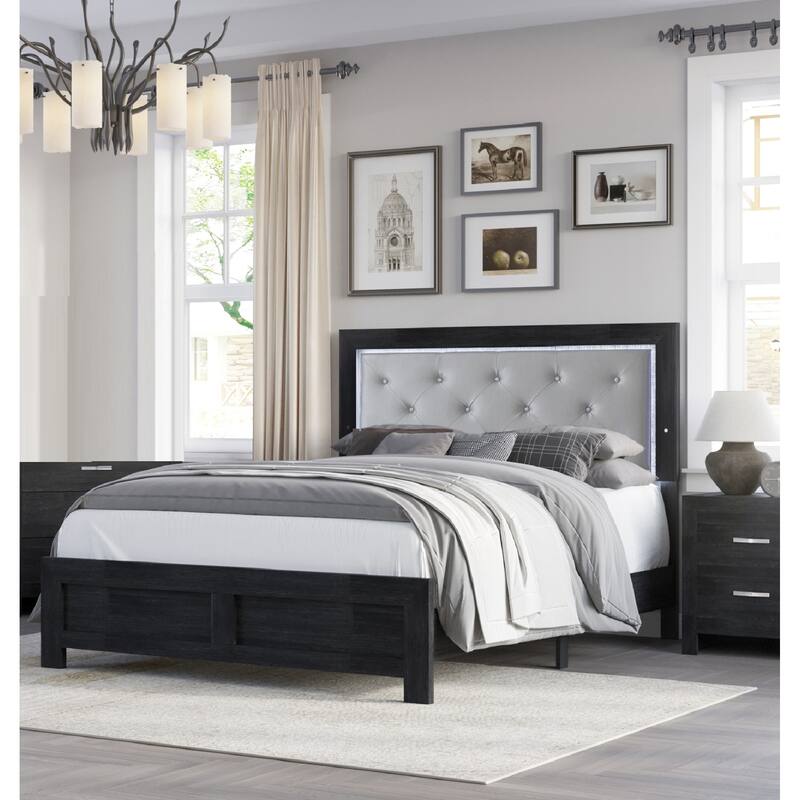 King Size Faux Leather Upholstered Panel Bed with LED Headboard and Button Tufted Design - Black,Gray