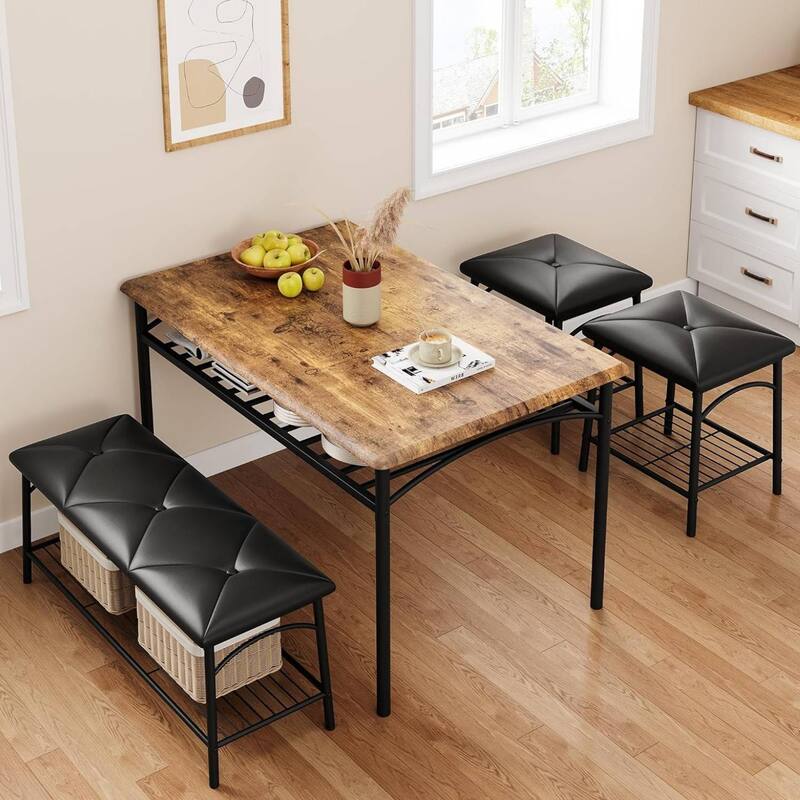 Dining Table Set with Upholstered Bench and Storage Shelves