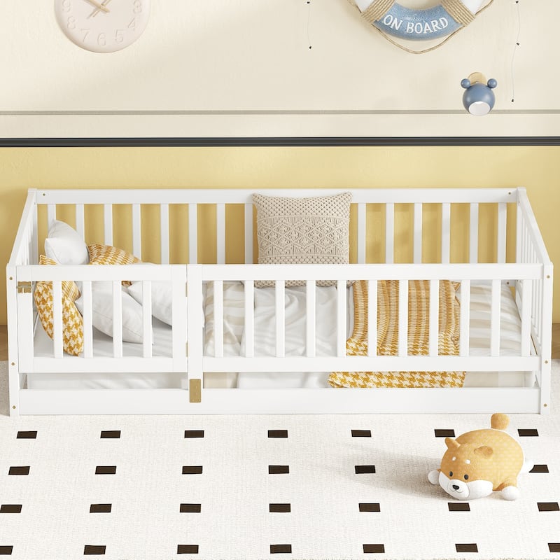 Montessori Floor Bed with Fence Guardrail and Removable Door Toddler Floor Wood Bed Frame for Kids Boys Girls Children's Room