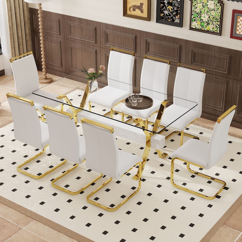 9-Piece Glass Dining Table Set for 8, 71" Rectangular Table with Gold Metal Base, 8 PU Dining Chairs for Kitchen, Dining Room - White+Gold