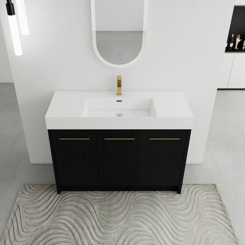24" Bathroom Vanity with Resin Sink, Soft Close Hinges, Adjustable Storage, Black Chestnut Color, Freestanding Cabinet