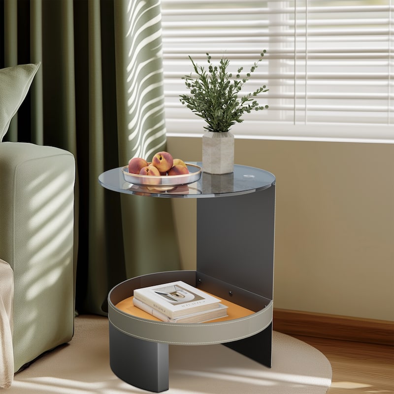 ARTLOGE 2-Tier Glass End Table Distinctive End Table with Tempered Glass-top Saddle Leather Shelf Accent Table for Bedroom