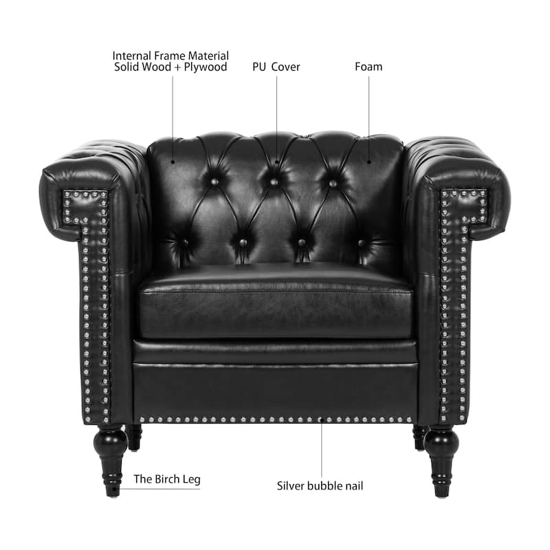 Black 38.98" Buttons Tufted Accent Chair with Birch Legs