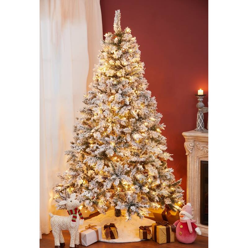 Snow-flocked 7ft Artificial Christmas Tree with 350 Clear LED Lights and Pinecones - 84" H x 49" Diameter