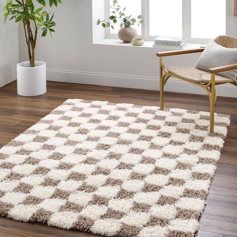 Livabliss Sibari Modern Checkered Plush Area Rug - 2' 7" x 7' 3" - Cream/Brown