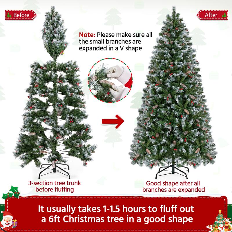 Yaheetech 6ft/7.5ft Pre-lit Frosted Artificial Christmas Tree with Pinecones & Holly Berries, Green