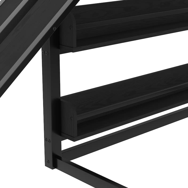 Childhood Fun Metal Loft Bed Frame with Built-in Bookshelf, Basketball Hoop, Climbing Wall, Pull-up Rings and Slide