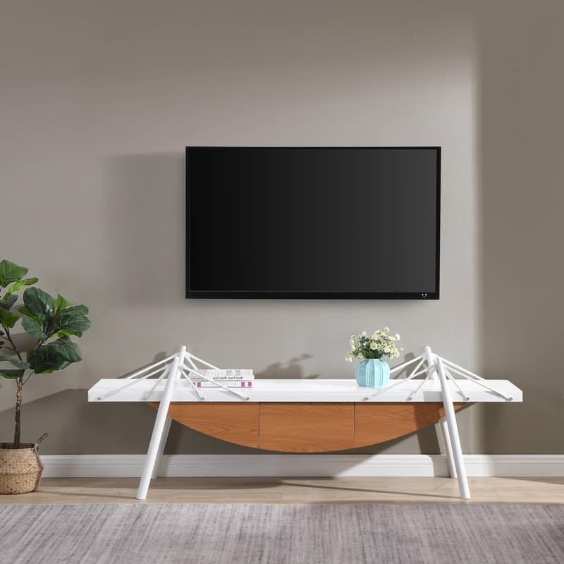 70.87" Modern Entertainment Center with Drawer, Wood Sailboat-Shaped TV Stand Media Console Table - White