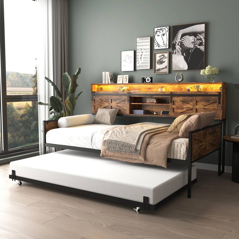 Farmhouse Twin Daybed with Trundle, Heavy Duty Metal Sofa Bed Frame with LED Headboard, Sliding Barn Door and Charging Station