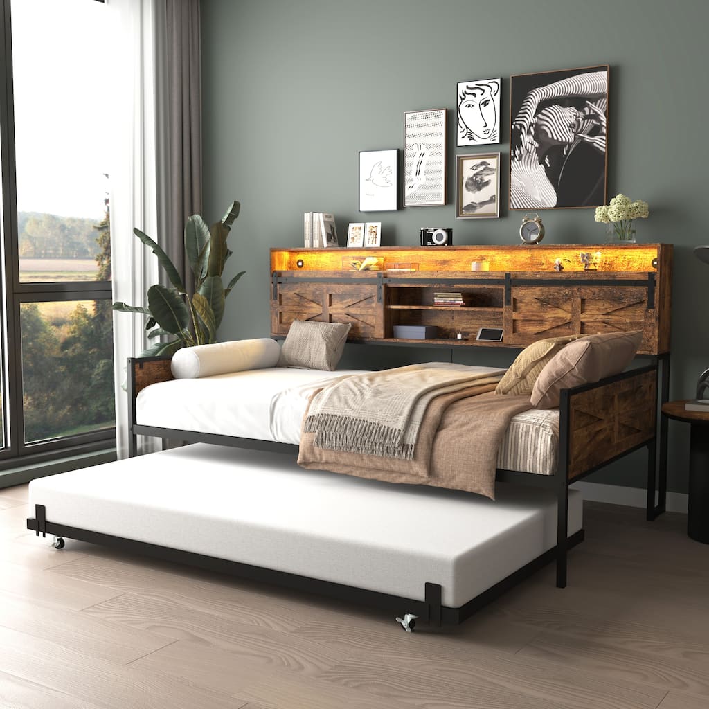 Twin Daybed with Trundle, Farmhouse Daybed Frame with Sliding Barn Door Headboard and Charging Station & LED Light