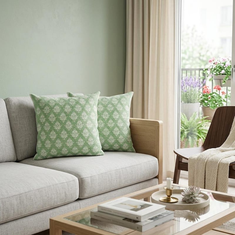 HomeRoots Set of Two 20" Green And Off White Damask Cotton Throw Pillows - Polyester - Set of 2 - 20.00 in. x 20.00 in.  x 0.50 in. - Pillow Sets - Green/Off White