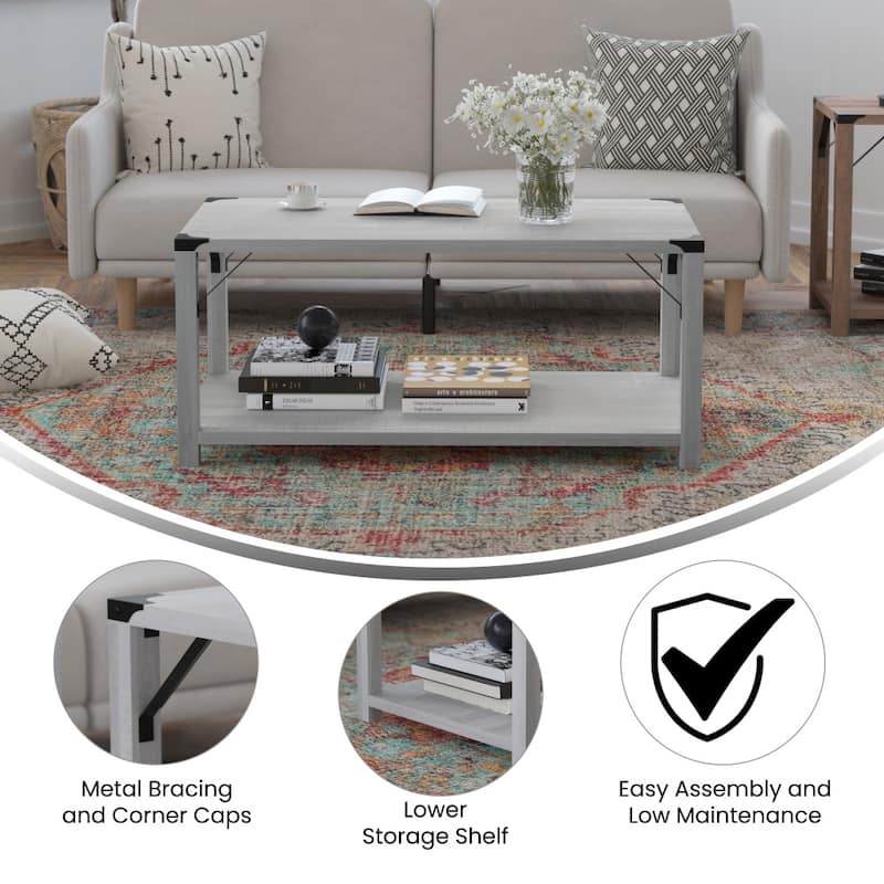2-Tier Coffee Table with Metal Side Braces and Corner Caps