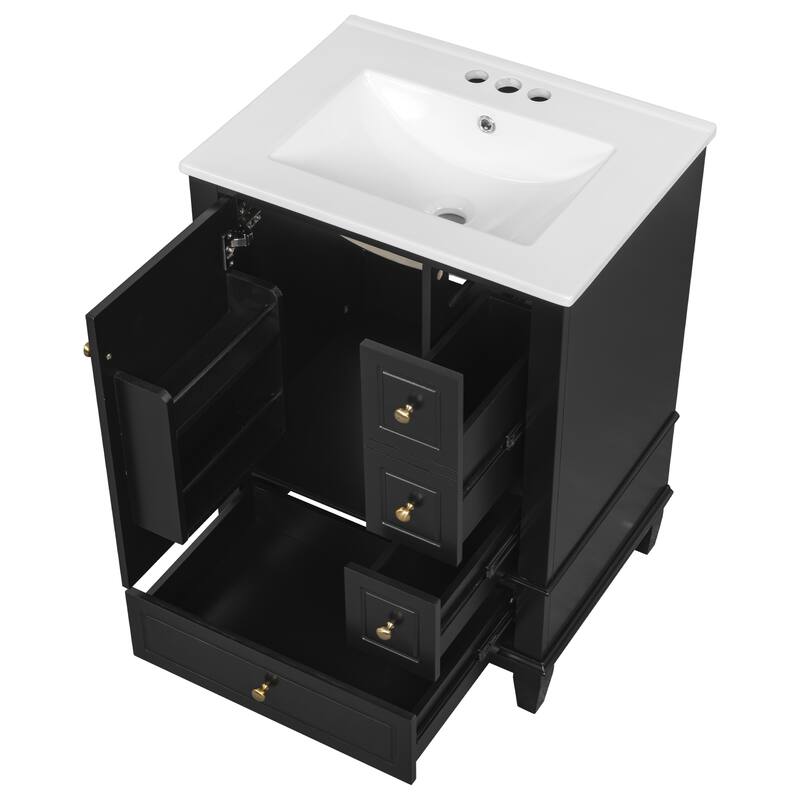 24" Freestanding Bathroom Vanity with Sink - Ceramic Top, Drawers & Shelves, MDF & Solid Wood Base, for Small Bathrooms