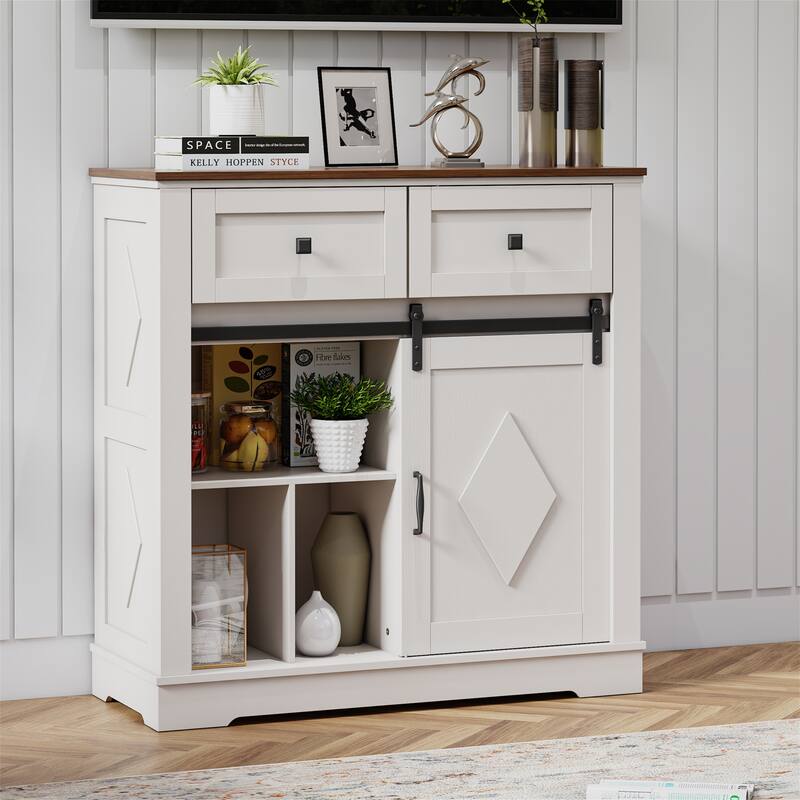 39" Wood Sliding Barn Door Storage Cabinet with 2 Drawers