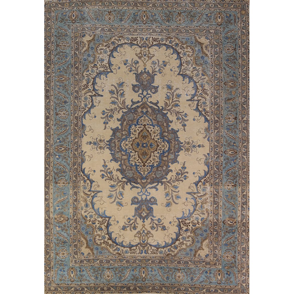 Traditional Beige Tabriz Persian Rug Handmade Wool Carpet - 7'6"x 10'10"