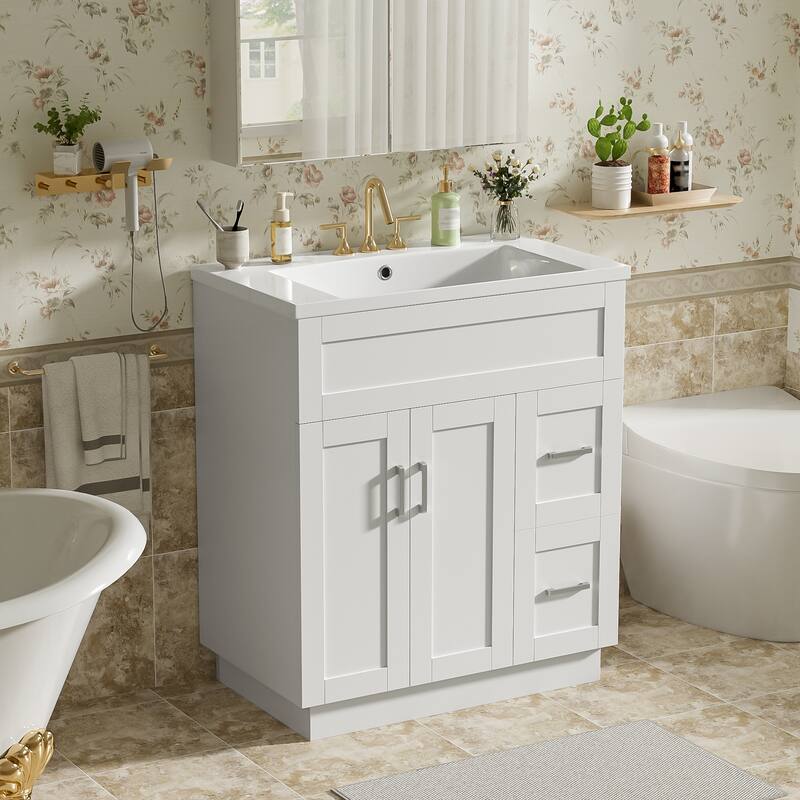 30" Bathroom Vanity Cabinet with 2 Doors & 2 Drawers, Soft-Close Hidden Slides and Adjustable Shelf - White+Right Drawer