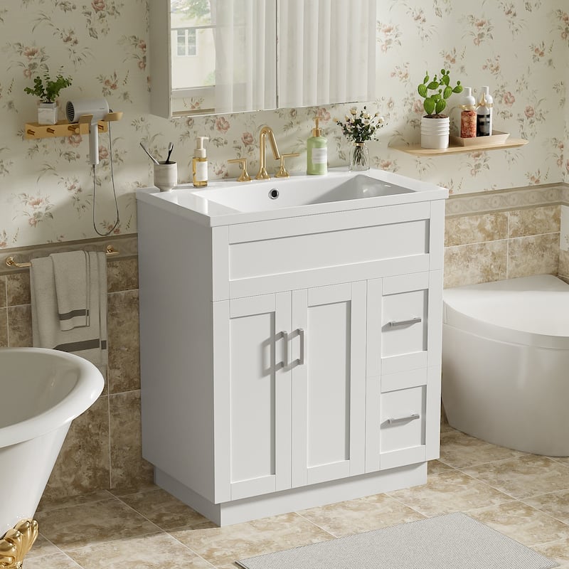 30"Bathroom Vanity with 2 Doors, 2 Drawers, Adjustable Shelf, Hidden Damping Slides for Drawers & Damping Hinges for Doors