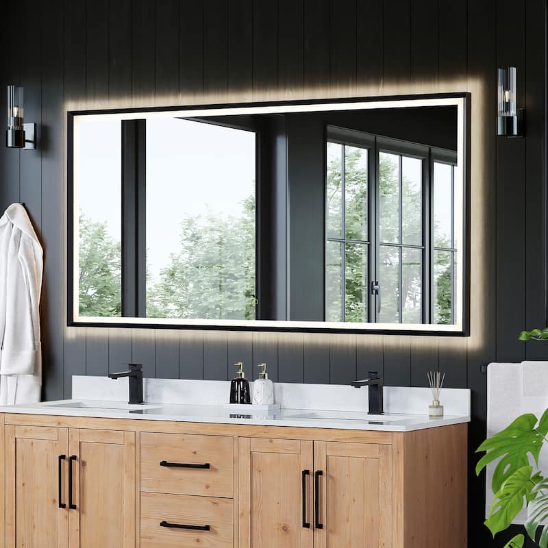 Apollo Rectangular Anti-Fog Dimmable Modern Bathroom/Vanity LED Lighted Wall Mirror in Matte Black Aluminum Framed