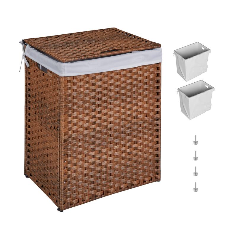 PE Rattan Laundry Hamper With Lid, Portable 100L Clothes Hampers with 2 Removable Bags - Brown