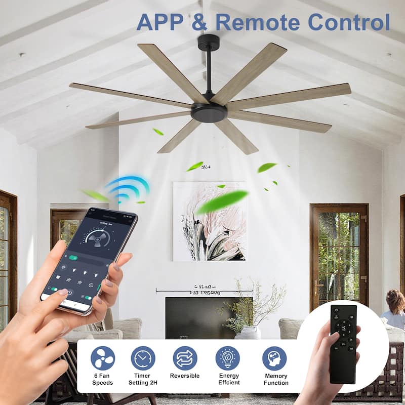 Large Ceiling Fan without Light - 8-Blade, Remote App Control, Dimmable 3CCT LED, Quiet DC Motor​