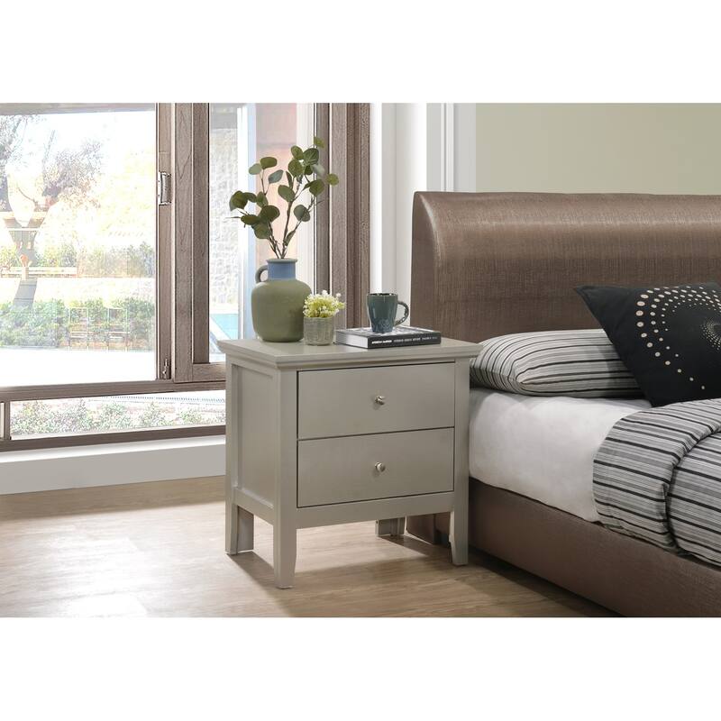 2-Drawer Silver Champagne Nightstand with Nickel Handles, 24 Inch Sturdy Fully Assembled Bedside Table