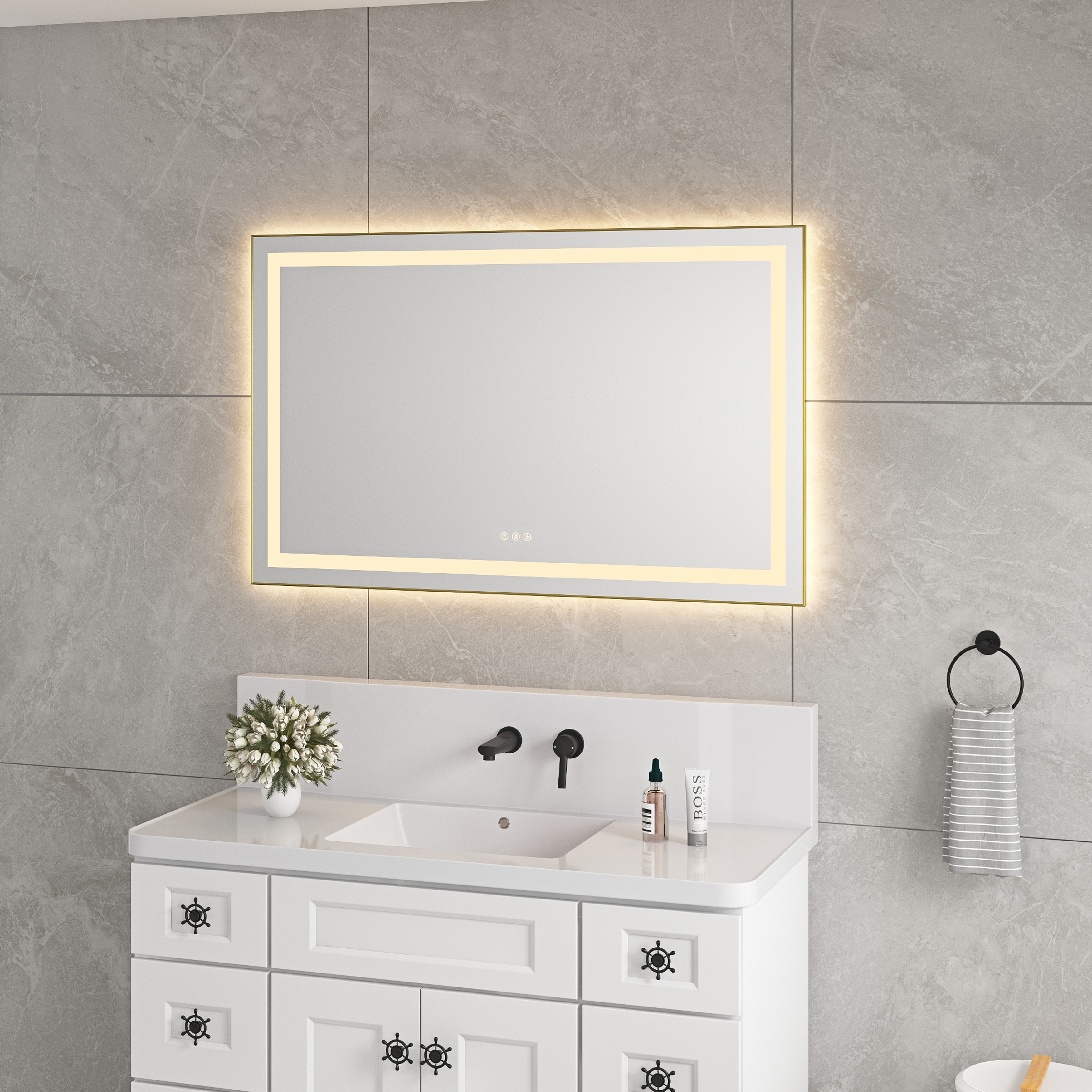 48 x 30 Inch LED Bathroom Mirror with Front and Backlight, Wall Mounted Vanity Mirror with Aluminum Frame, Anti-Fog